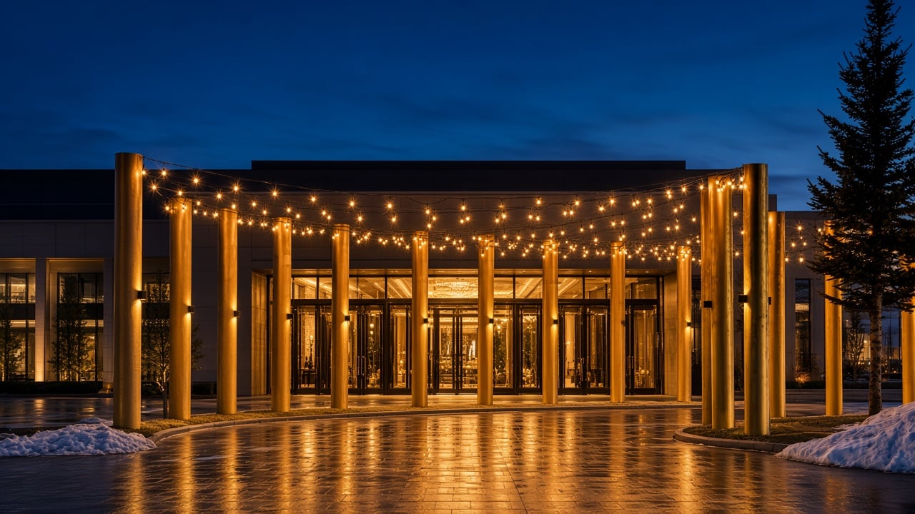 Gold colonnade and illuminated banquet hall entrance at dusk