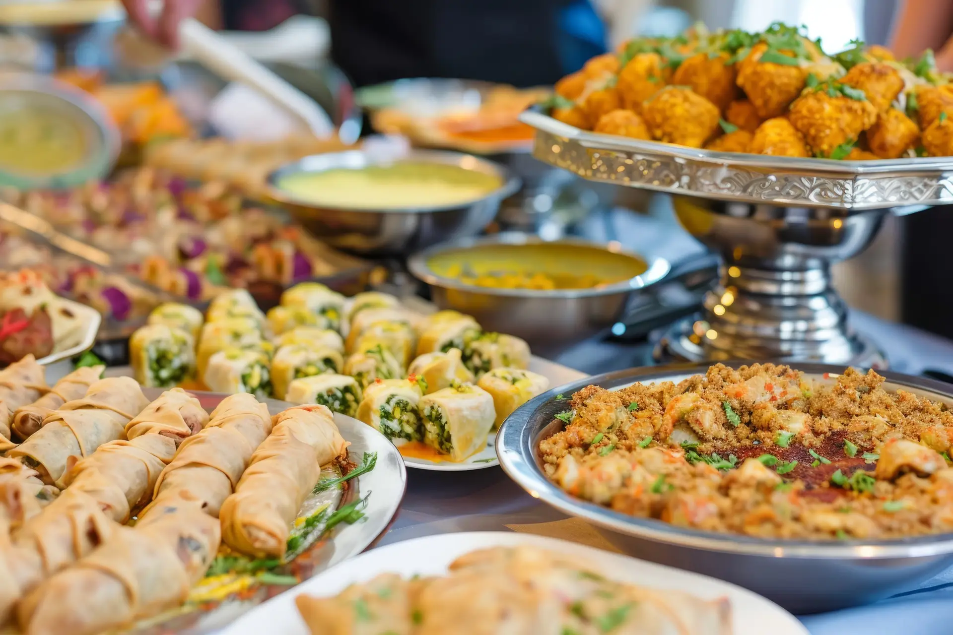 A spread of Indian appetizers, curries and rice in silver serving dishes