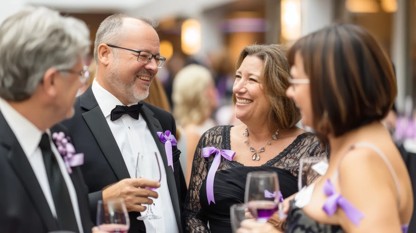 Guests in formal wear talking over drinks at an evening event